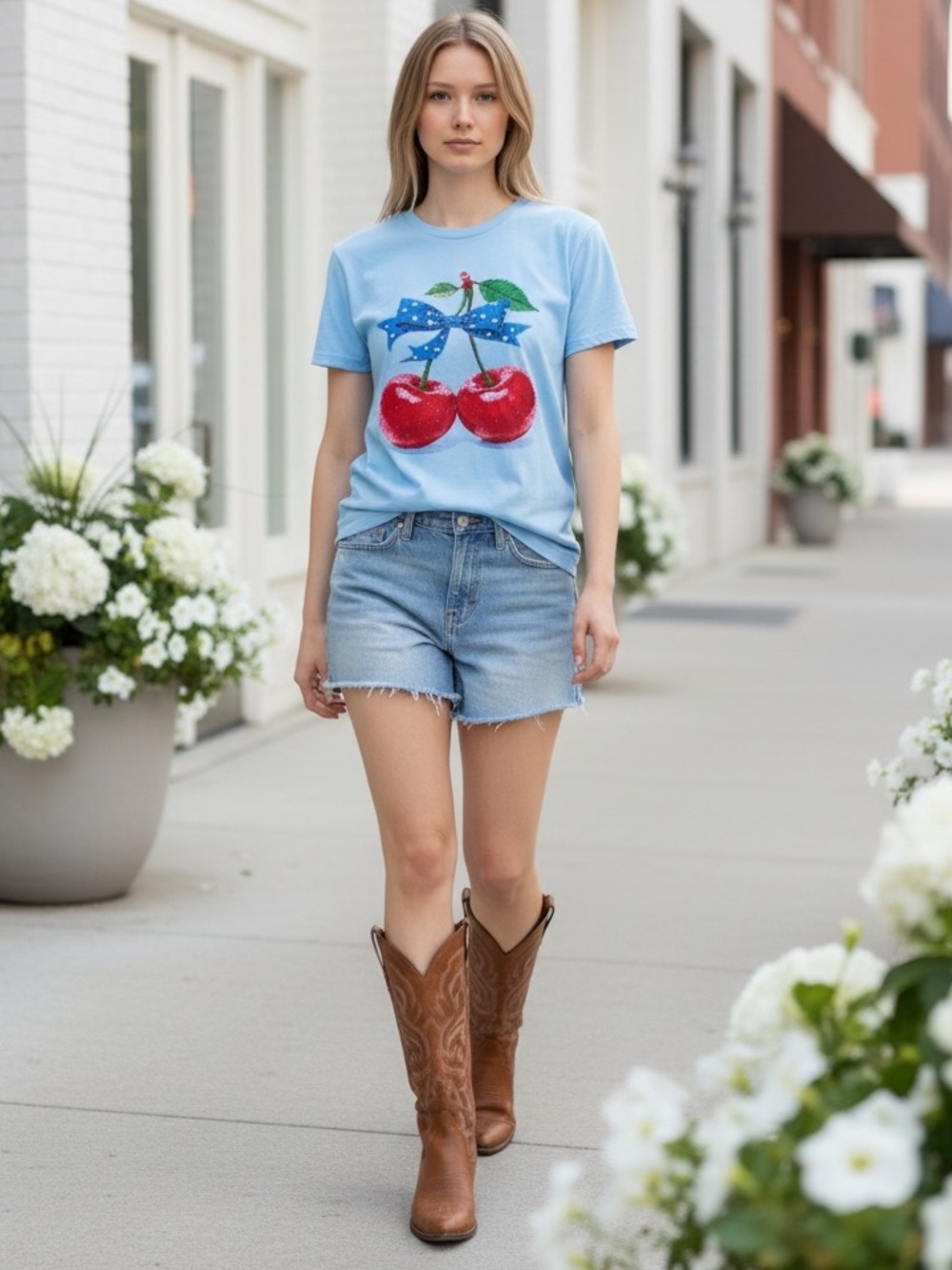 NEW Light Blue Rhinestone Cherry Cherries White Stars Bow Patriotic USA T-Shirt